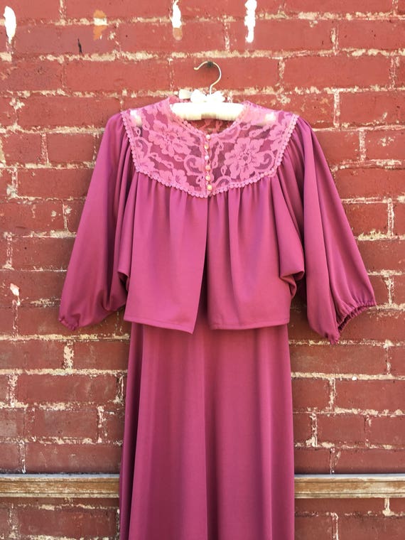 70s Purple Maxi Dress With Lace Bolero Jacket - image 1