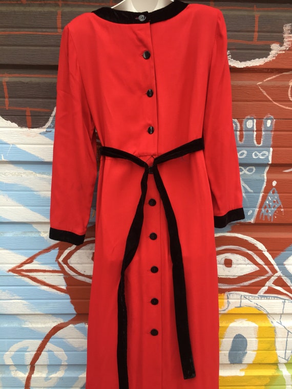 60s Red/Black Velvet Trim Button Up Maxi Dress/ F… - image 5