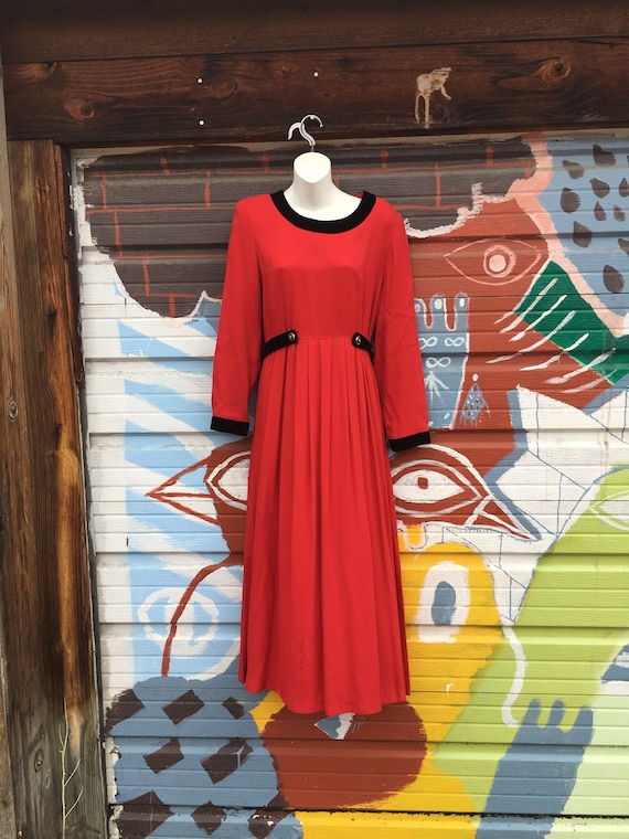 60s Red/Black Velvet Trim Button Up Maxi Dress/ F… - image 1
