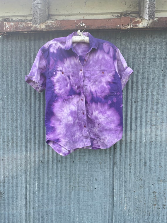Vintage 80s Upcycled Tie Dye Button Up / Purple T… - image 3