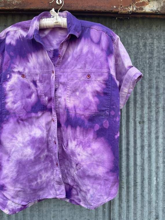 Vintage 80s Upcycled Tie Dye Button Up / Purple T… - image 2