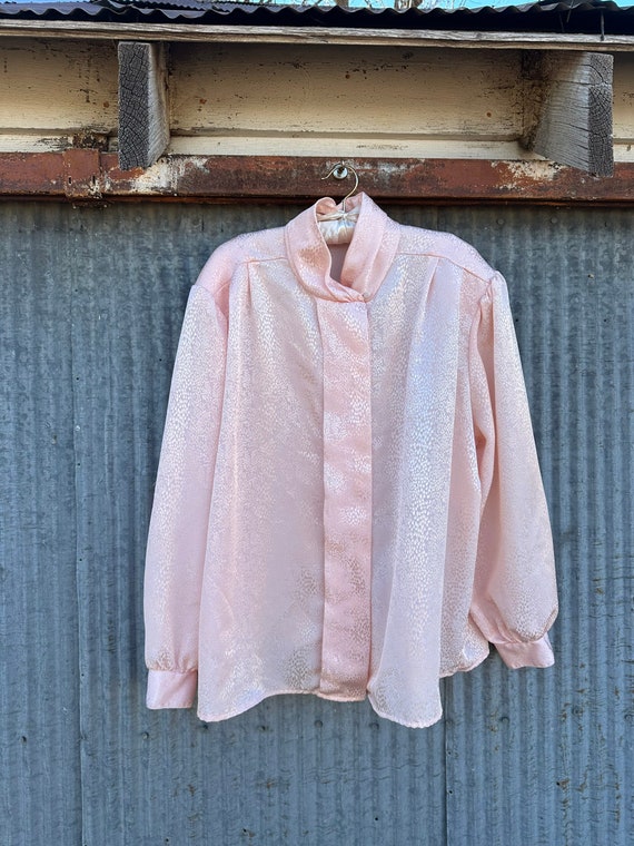 Vintage Pink 80s High Neck Blouse / Size 2XL / Hi… - image 2