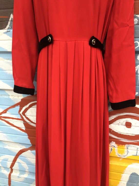 60s Red/Black Velvet Trim Button Up Maxi Dress/ F… - image 2