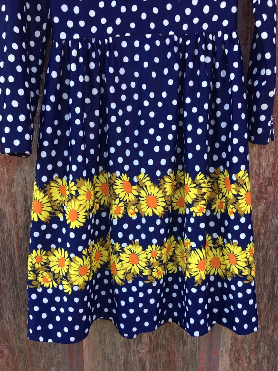 70s Polka Dot Flower Print Long Sleeve Dress/ 70s… - image 3