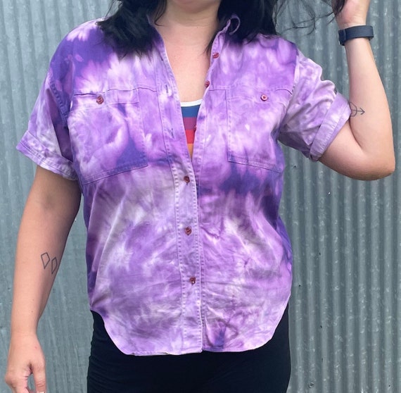 Vintage 80s Upcycled Tie Dye Button Up / Purple T… - image 7