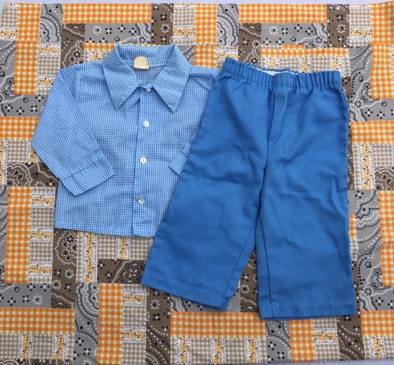 80s Baby Blue Gingham Pant and Shirt Set/ Free Shi