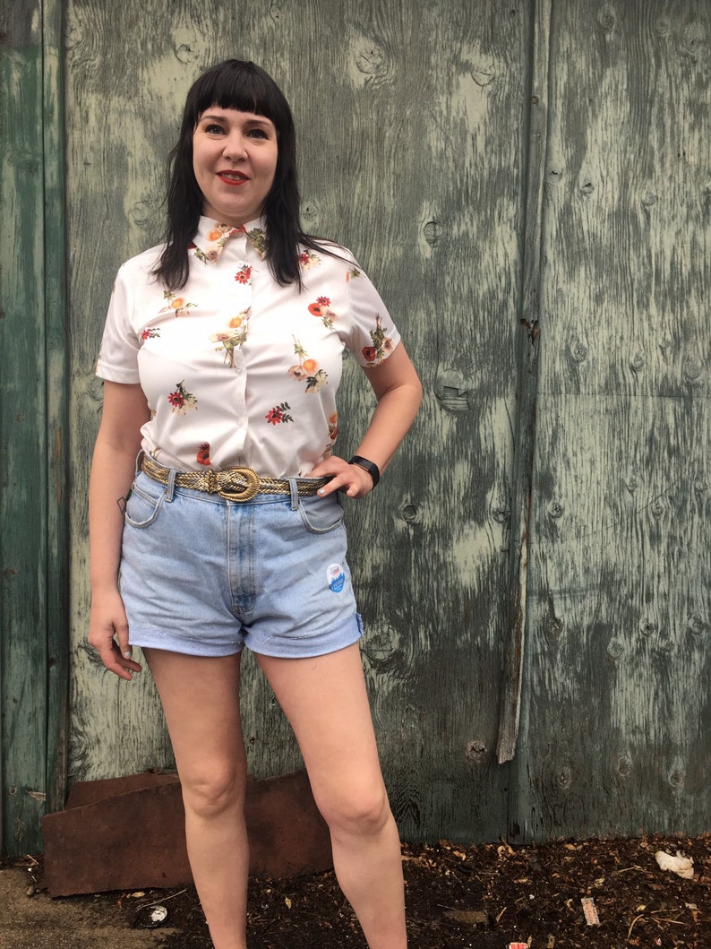 90s Floral Print Button Up Photo Realistic 90s Print 90s Vintage Button Up Blouse Size XL Poppy Print FREE SHIPPING