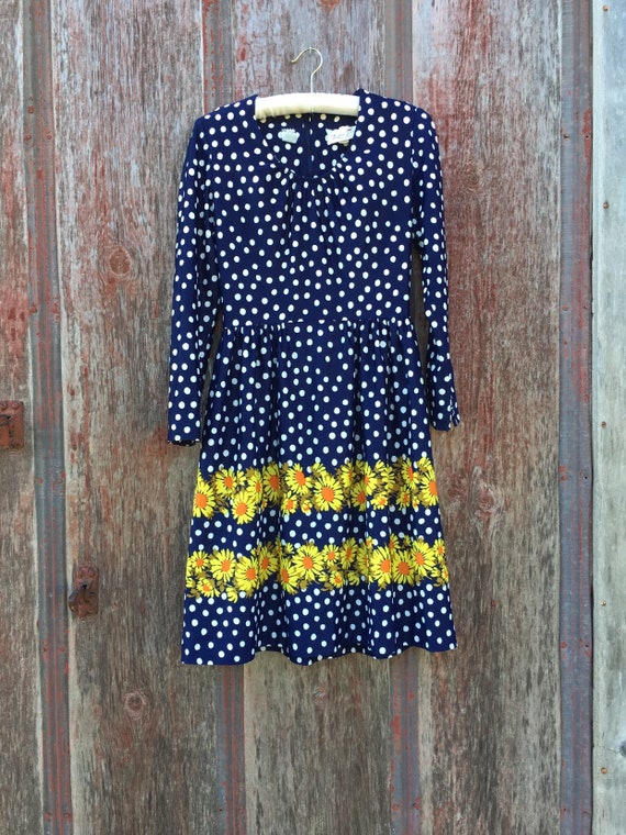 70s Polka Dot Flower Print Long Sleeve Dress/ 70s… - image 1