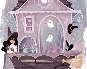 May include: A whimsical illustration of a pink and purple witch's shop on wheels. The shop is decorated with flowers, a broom, and a crescent moon. A witch with long black hair and a pointed hat stands next to the shop. The shop is surrounded by a misty forest.