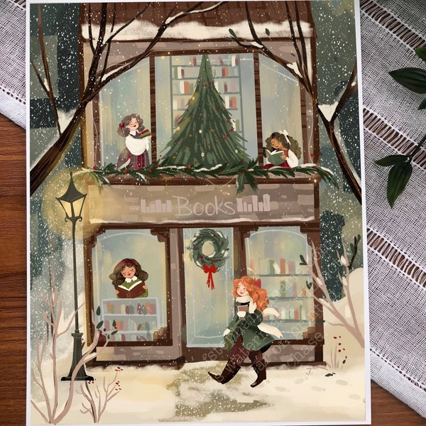 Snowy Bookshop Illustration Art Print
