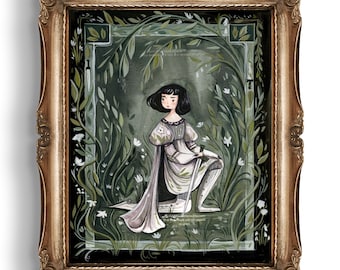 May include: A framed illustration of a woman in a white dress and a green cloak, kneeling in a forest setting with a sword in her hand. The background is a dark green with white flowers and vines. The text in the image reads "There are those who will not accept the truth, no matter how obvious it may be."
