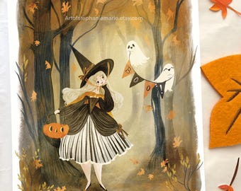 May include: A watercolor illustration of a young witch in a black and white dress holding a jack-o-lantern in a forest setting. The witch is walking towards two ghosts with a banner that reads "BOO".