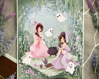 May include: Two women in pink and purple dresses sit in a green forest with a cauldron and teacups.  They are surrounded by white ghosts and flowers.  The text "ArtByStephanieMarie.Etsy.com This watermark will not appear on print" is in the top left corner.
