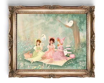 May include: A framed art print depicts a whimsical picnic scene. Three women in pastel dresses and bonnets are gathered on a blanket, surrounded by ghosts and treats. The artwork is set in a lush forest with a light, airy color palette.