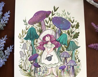 Original Illustration Mushroom Girl Gouache on Paper 8x10 ~unframed