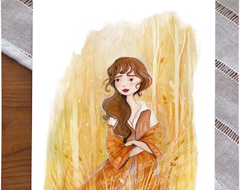 May include: Watercolor illustration of a woman with long brown hair and an orange dress, set against a backdrop of golden-yellow foliage. The artwork has a soft, painterly style, with the artist's watermark visible.