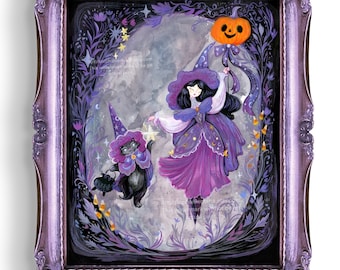 May include: A purple framed illustration of a witch with a black cat in a forest setting. The witch is wearing a purple dress and a pointed hat. The cat is wearing a hat and carrying a cauldron. The background is a dark forest with stars and a pumpkin.