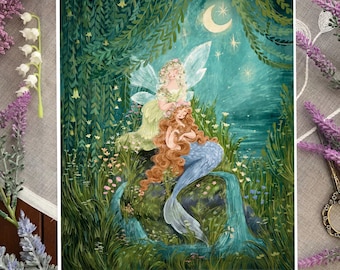 May include: A painting of a mermaid with long red hair sitting on a rock with a fairy with wings and a flower crown. The scene is set in a lush green forest with a moon and stars in the night sky.