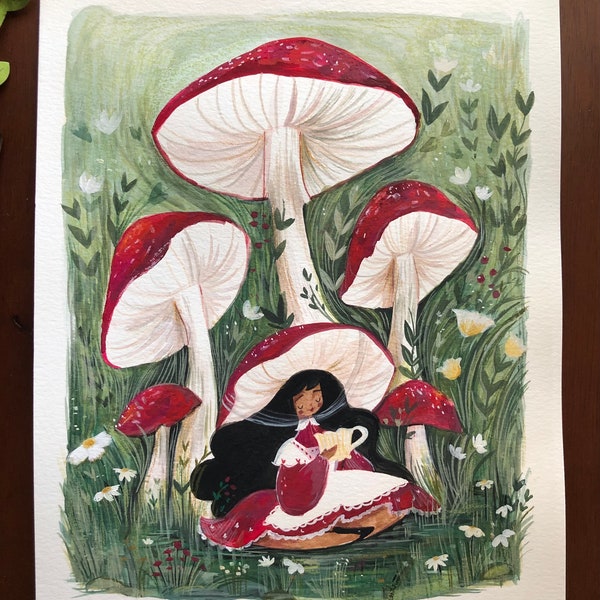 Original Illustration Mushroom Forest Gouache on Paper 8x10 ~Unframed~