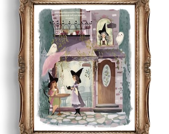May include: An illustration of a whimsical witch shop with two witches sitting at a table outside, drinking tea. The shop has a pink awning and a sign that says "Witch's Brew". There are two white ghosts floating in the air.