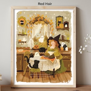 May include: A framed illustration depicts a witch in a green dress and black hat, seated at a table with a white tablecloth. Black cats and ghosts surround her. The artwork has a warm color palette with Halloween-themed decorations.