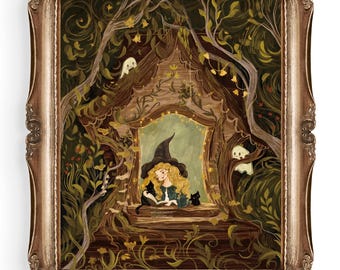 May include: A witch with blonde hair and a pointed hat sits in a window reading a book. Two black cats sit on the windowsill with her. The window is surrounded by green vines and leaves. There are also white ghosts in the background. The image is framed in a gold frame with the text "Art of Stephanie Marie" at the bottom.