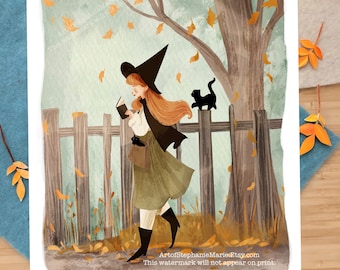 May include: A witch in a black hat and green dress walks down a path with a black cat following behind. The path is lined with a wooden fence and autumn leaves are scattered on the ground. The background is a watercolor painting of a forest with trees and leaves.