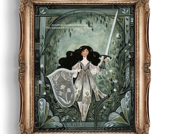 May include: A framed illustration of a woman in a white dress holding a sword and shield. She is standing in a forest with green foliage and white flowers. The artwork is painted in a whimsical style with a muted color palette.