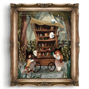 The Traveling Book Cart Illustration Art Print