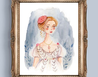 May include: Watercolor painting of a woman in a white dress with a pink flower in her hair. She is standing in front of a blue and white watercolor background.