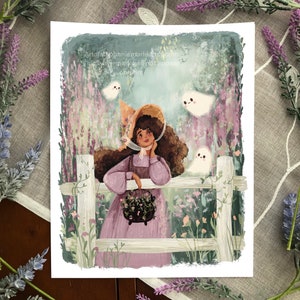 May include: A digital illustration of a young woman with brown hair and a purple dress standing in a field of flowers. She is wearing a straw hat and holding a cauldron. Three white ghosts are flying around her.