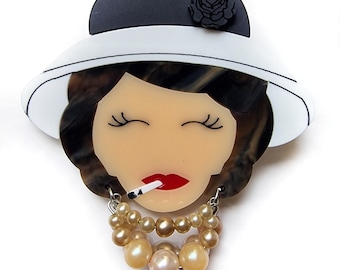 Art Deco Lady Brooch, Elegant Vintage Fashion Acrylic Pin, Laser Cut Statement Brooch, Pearl Necklace, Black and White Hat
