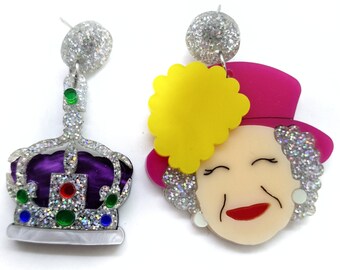 Asymmetrical Royal Lady Earrings, Crown & Colorful Hat Earrings, Acrylic Lasercut Statement Jewelry, British Inspired Gift