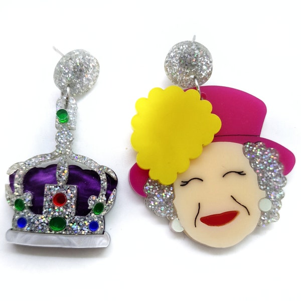 Lillibet asymmetric pendant earrings acrylic plexiglass laser cut royal crown
