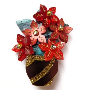 Poinsettia Vase Brooch, Handmade Christmas Flower Pin, Floral Botanical Jewelry, Red Flower Statement Brooch, Unique Gift