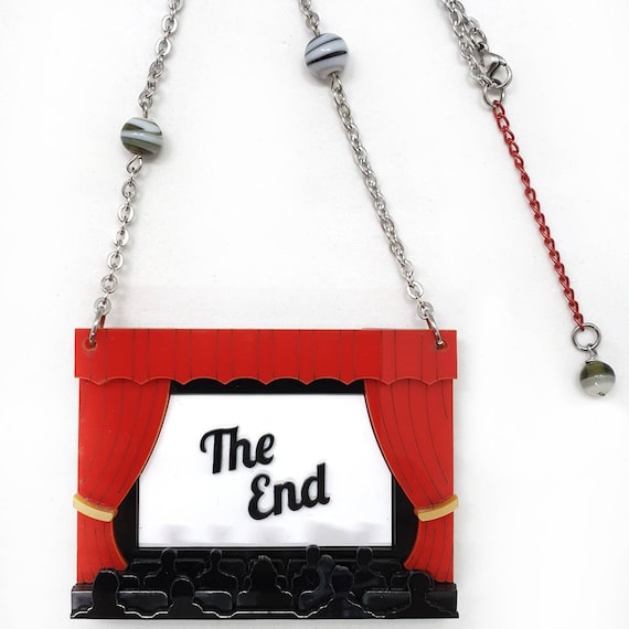 Vintage Cinema Necklace, Movie Theater Pendant Necklace, The End Statement Necklace, Film Lover Gift, Unique Handmade Jewelry