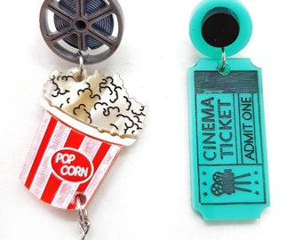 Popcorn Movie Earrings, Asymmetric Cinema Earrings Film Lover Jewelry Vintage Cinema Ticket Earrings, Acrylic Statement Earrings Unique Gift