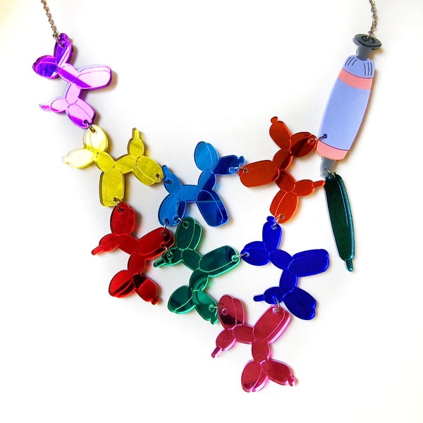 Maxi décolleté necklace with balloon sculptures in plexiglass and acrylic, laser-cut colored mirror