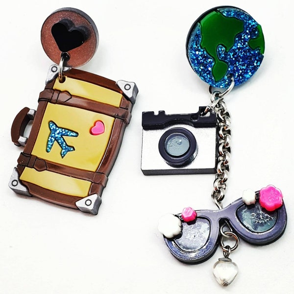 Travel earrings with suitcase, sunglasses and camera, laser-cut acrylic and plexiglass