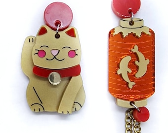 Asymmetric lucky cat pendant earrings and laser cut acrylic and plexiglass Chinese lanterns