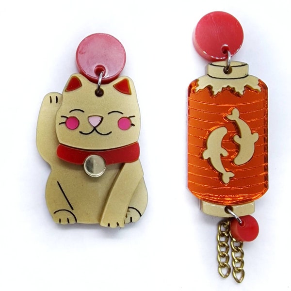 Boucles d'oreilles pendentif chat porte-bonheur asymétrique et lanternes chinoises en acrylique et plexiglas découpées au laser