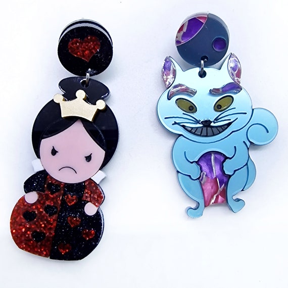 Queen of Hearts and Cheshire Cat Earrings Alice in Wonderland