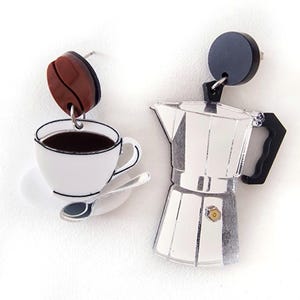 Koffie-oorbellen, asymmetrische moka-pot-oorbellen, espressokopjes-sieraden, cadeau voor koffieliefhebbers, barista-oorbellen, Italiaanse koffiesieraden