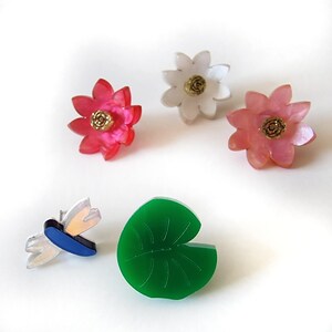 Water Lily Stud Earrings, Dragonfly Earrings, Lily Pad Earrings, Botanical Earrings Set, Nature Jewelry, Handmade Acrylic Earrings