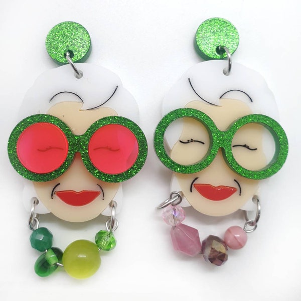 Iris Apfel asymmetric pendant earrings round colored acrylic laser cut plexiglass glasses