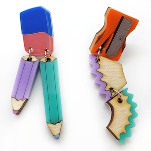 Back to school earrings eraser colored pencils sharpener school stationery drawing plexiglass laser cut