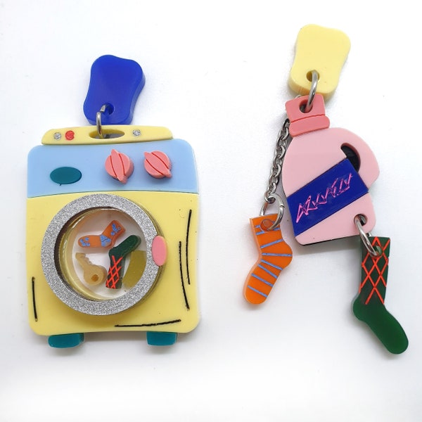 Mismatched socks earrings and washing machine in acrylic and plexiglass laser cut dynamic jewellery