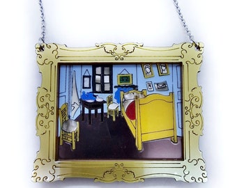 Décolleté necklace with Vincent Van Gogh's room in Arles in laser cut acrylic and plexiglass wear art