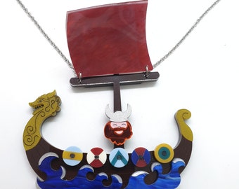 Laser cut acrylic and plexiglass Viking ship necklace