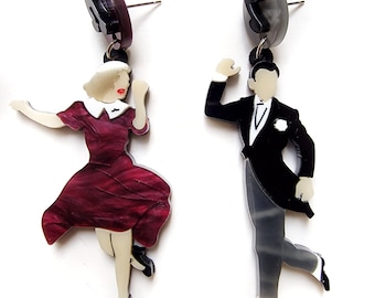 Vintage Dance Silhouette Asymmetrical Earrings | Swing Dancers Jewelry | Elegant Ballroom Couple Statement Earrings
